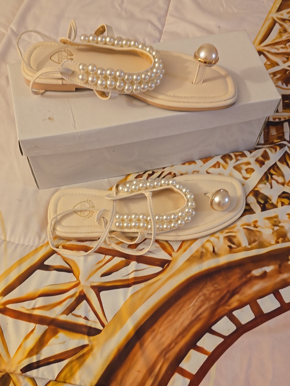 Pearl-Accent Cream Women's Sandals Worn A Couple Of Times